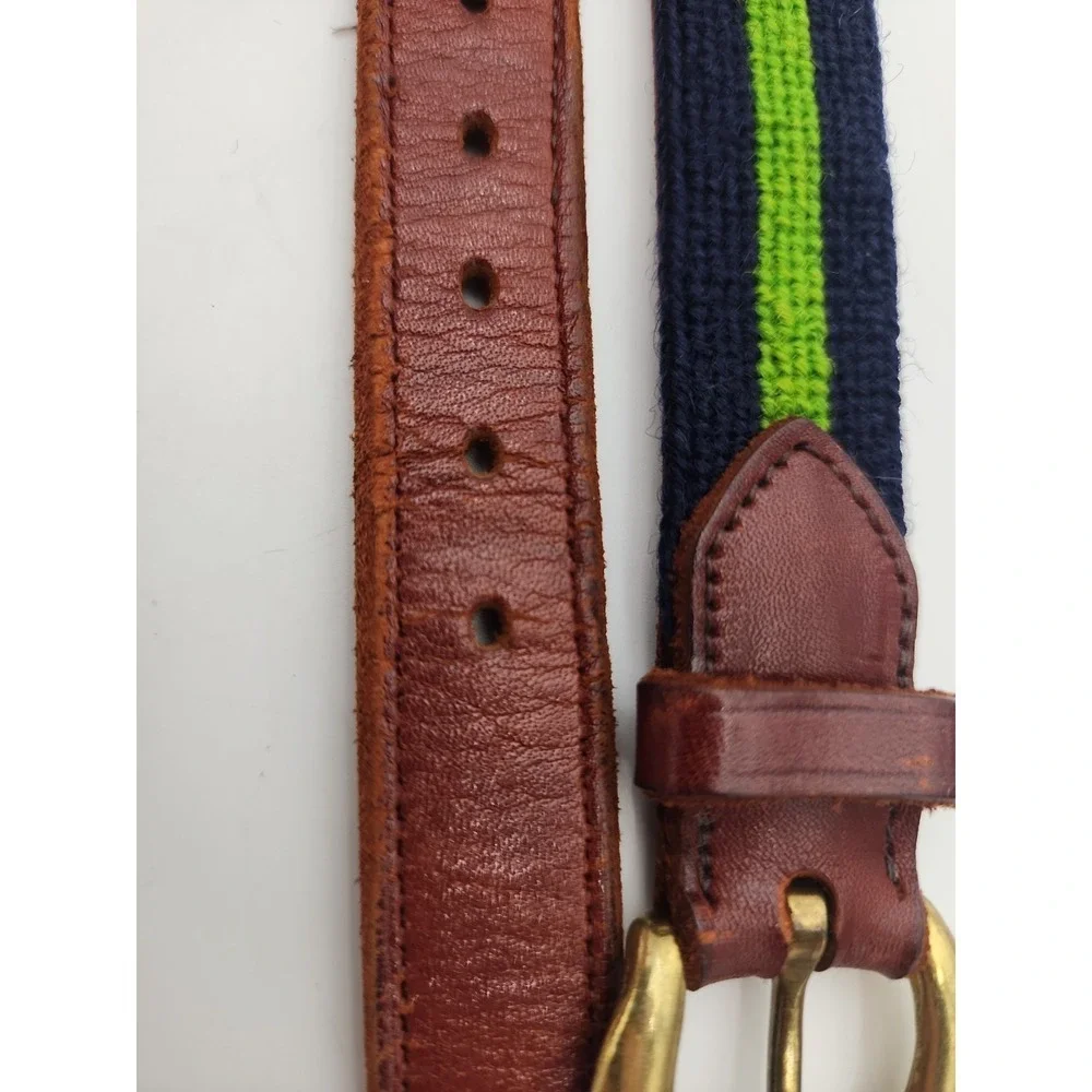 Brown Leather Belt Embroidered MJB Navy Green Stripes, Brass Buckle 36.5